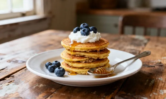 Banana pancakes with yogurt and blueberries