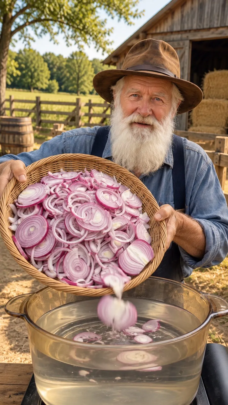 Hollis pouring sliced red onions into a pot of water on the farm