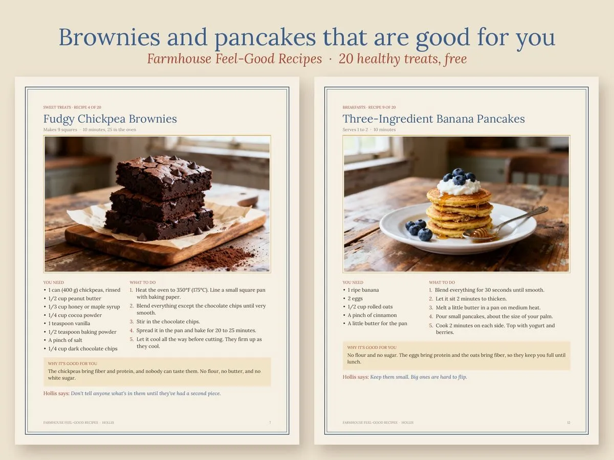 Two recipe pages from the free Feel-Good Recipes guide